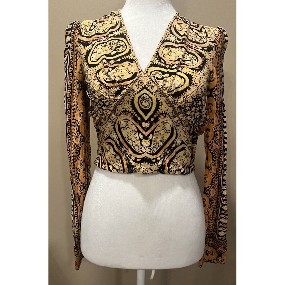 Free People Golden Yellow Orange Boho Paisley V-neck Crop Top Blouse X-Small - Picture 1 of 13
